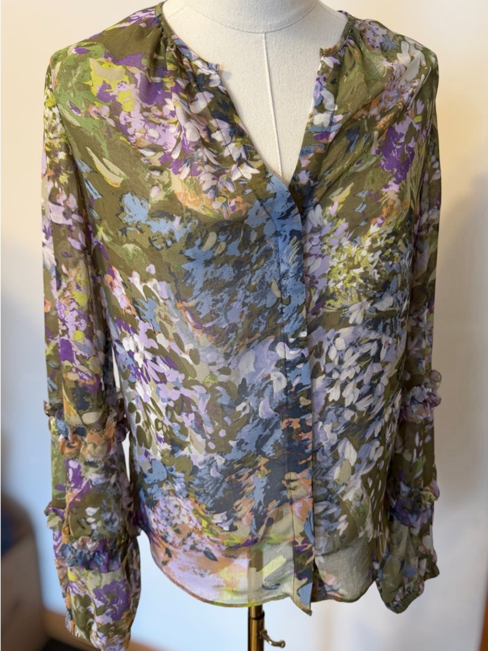 White House Black Market Olive Floral Sheer Button-Front Blouse